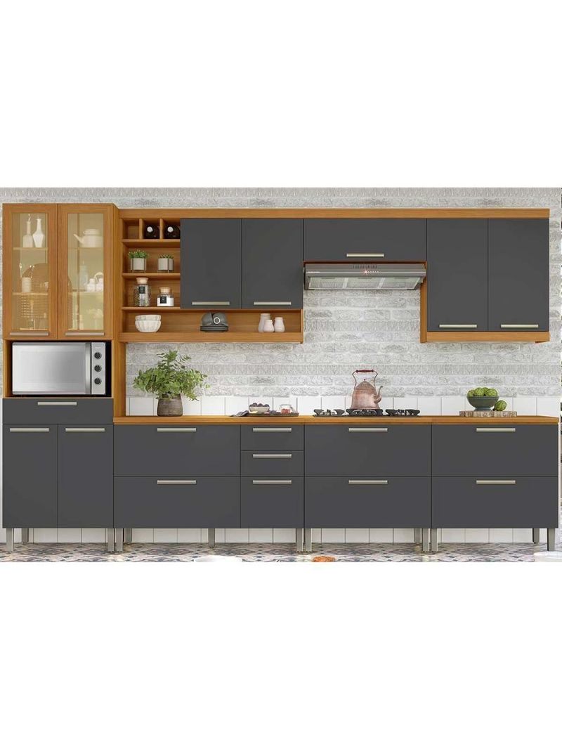 Cozinha Completa Burguesa Premium 7 Peças ( 3 Armários + 3 Balcões + 1 Paneleiro) C6P58 Freijo/Grafite - Nesher