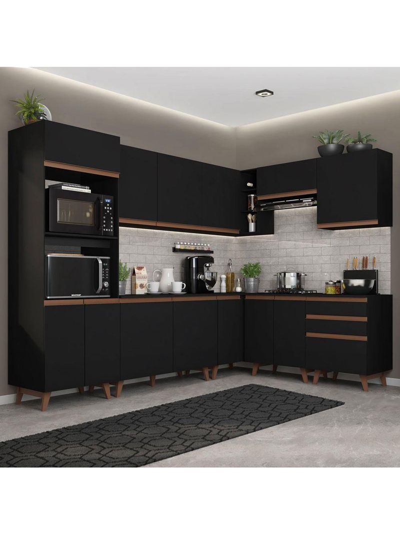 Cozinha Completa De Canto Com Armário E Balcão Preto Madesa