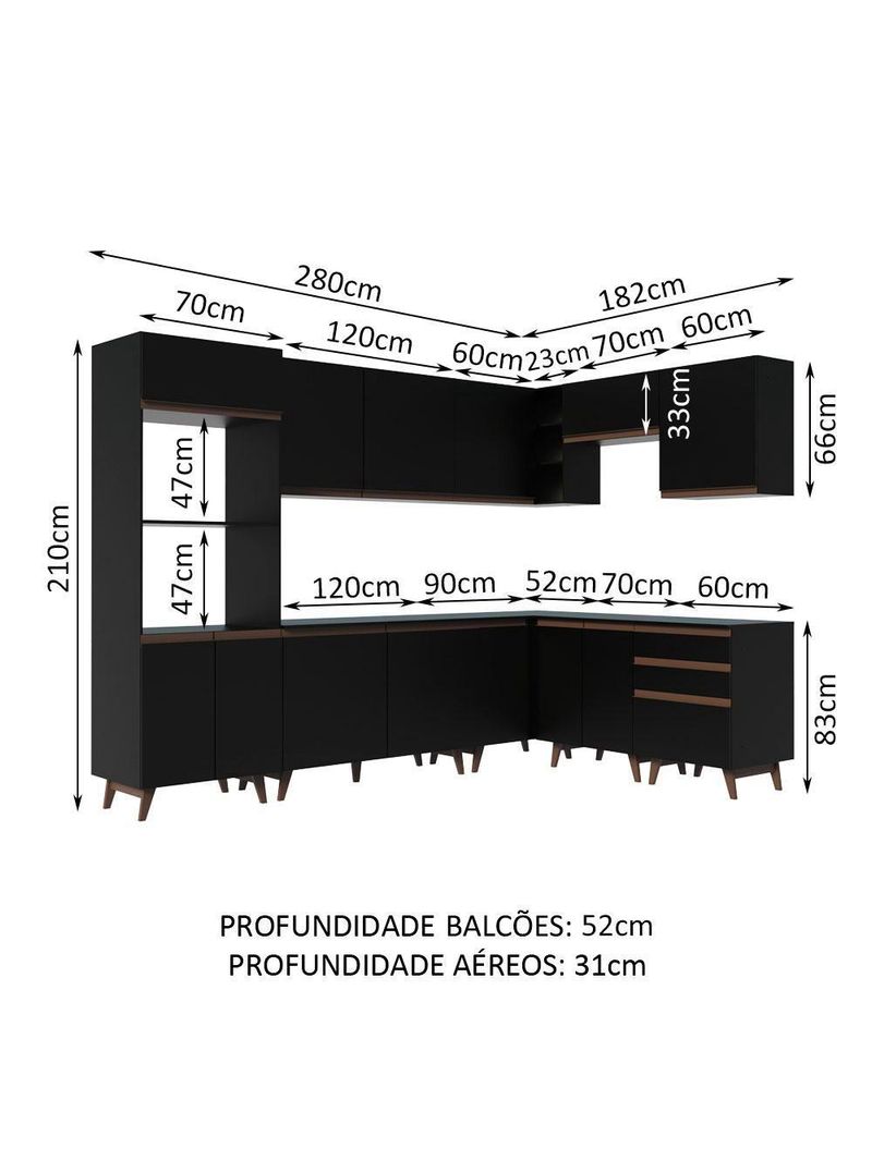 Cozinha Completa De Canto Com Armário E Balcão Preto Madesa