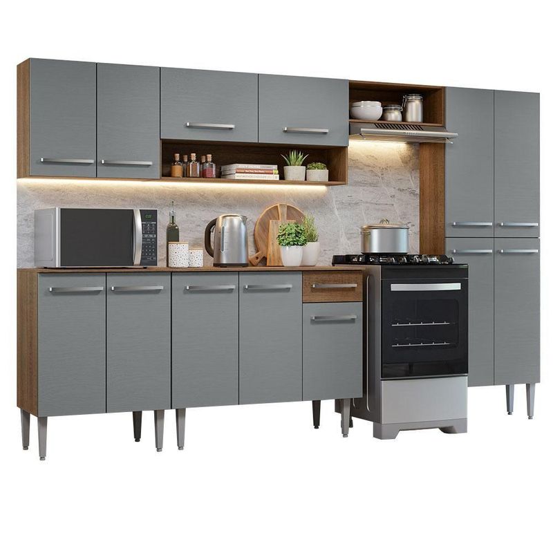 Armário De Cozinha Completa 293cm Rustic/cinza Emilly Madesa 10 Rustic/cinza