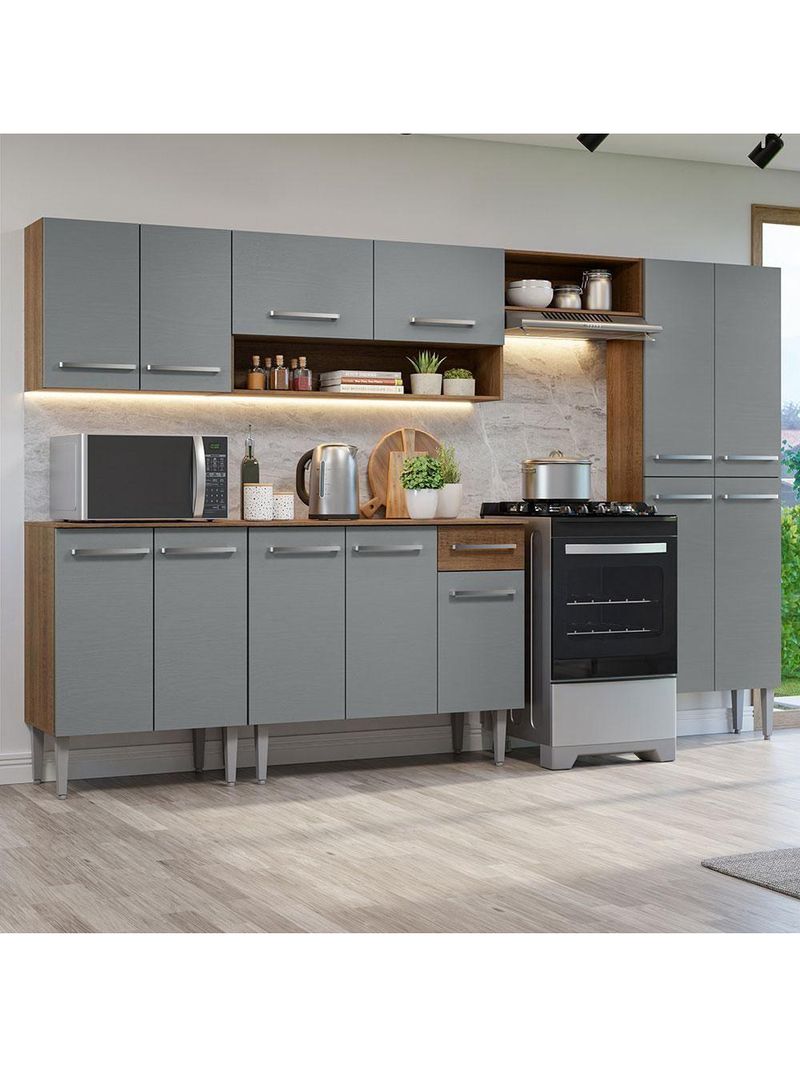 Armário De Cozinha Completa 293cm Rustic/cinza Emilly Madesa 10 Rustic/cinza