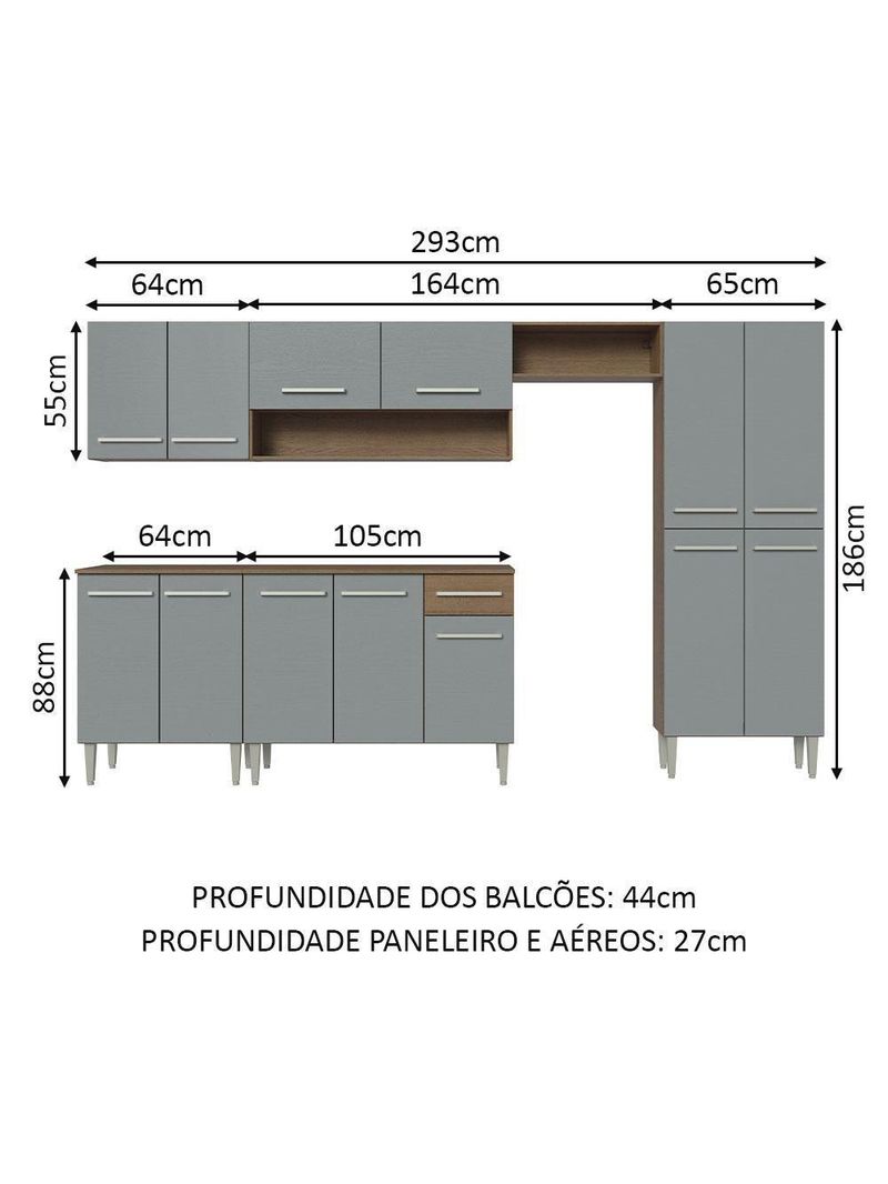 Armário De Cozinha Completa 293cm Rustic/cinza Emilly Madesa 10 Rustic/cinza