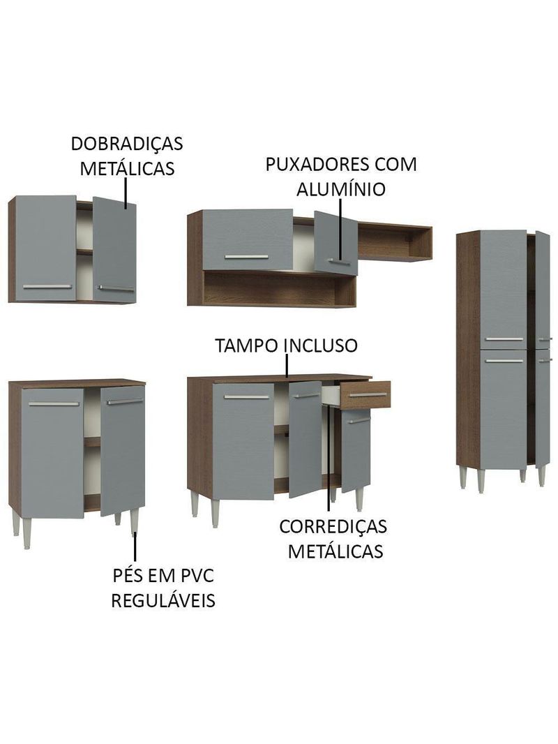 Armário De Cozinha Completa 293cm Rustic/cinza Emilly Madesa 10 Rustic/cinza