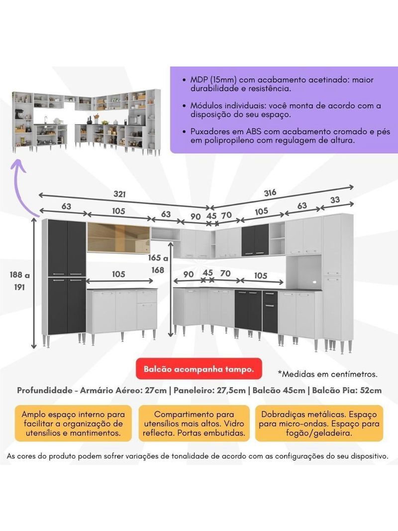 Armário De Cozinha Modulada 12 Pçs Com Balcão De Pia Siena Multimóveis Mp2240 Branco-preto
