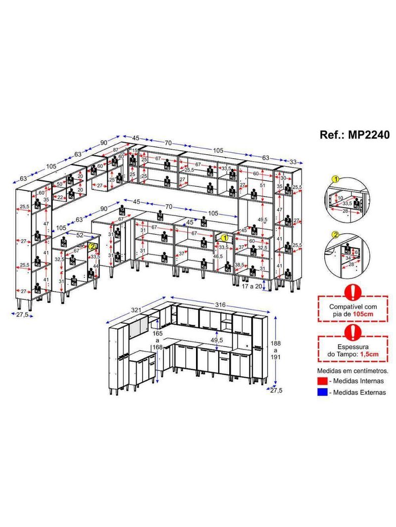 Armário De Cozinha Modulada 12 Pçs Com Balcão De Pia Siena Multimóveis Mp2240 Branco-preto