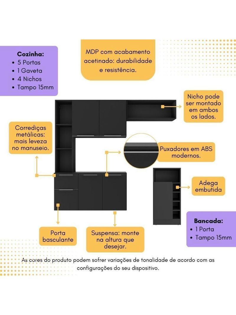 Armário De Cozinha Com Mesa Gourmet Sofia Multimóveis Mp2197 Preto Preto