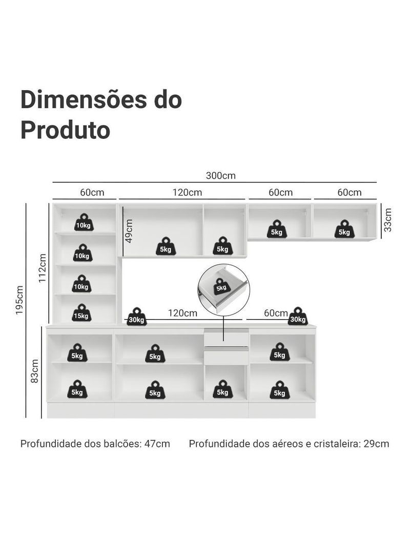 Armário De Cozinha Completa 100% Mdf 300 Cm Smart Madesa 04 Branco
