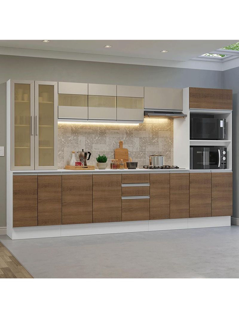 Armário De Cozinha Completa 100% Mdf 310 Cm Smart Madesa 03 Branco/rustic/crema