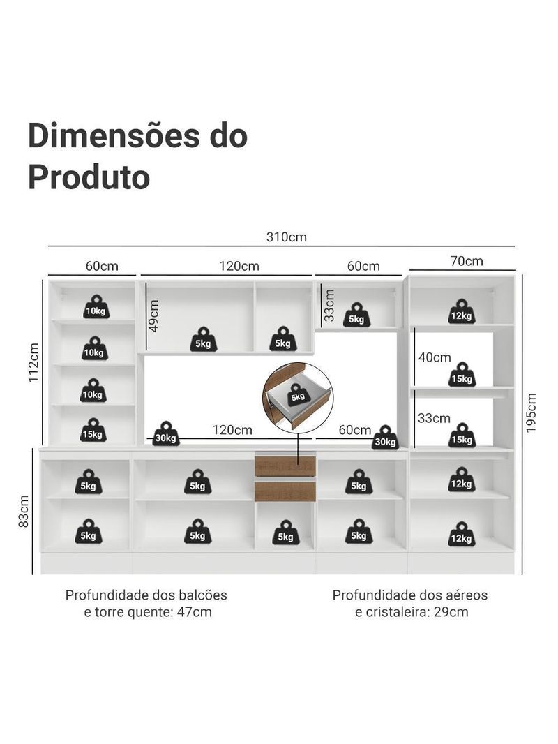 Armário De Cozinha Completa 100% Mdf 310 Cm Smart Madesa 03 Branco/rustic/crema