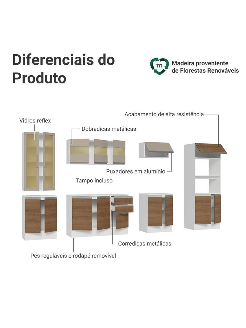 Armário De Cozinha Completa 100% Mdf 310 Cm Smart Madesa 03 Branco/rustic/crema
