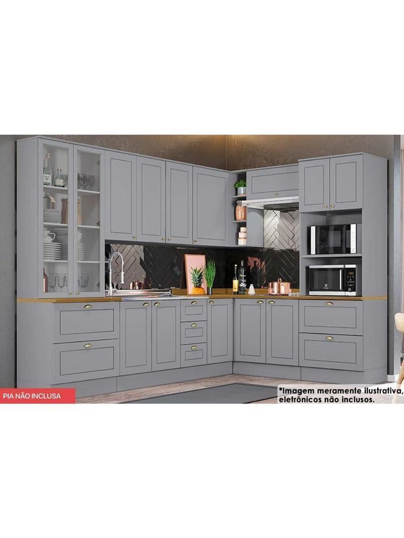Cozinha Modulada Completa Americana 10 Peças 3 Aéreos + 3 Balcões + 2 Paneleiros + 2 Complementos C5p36 Cinza
