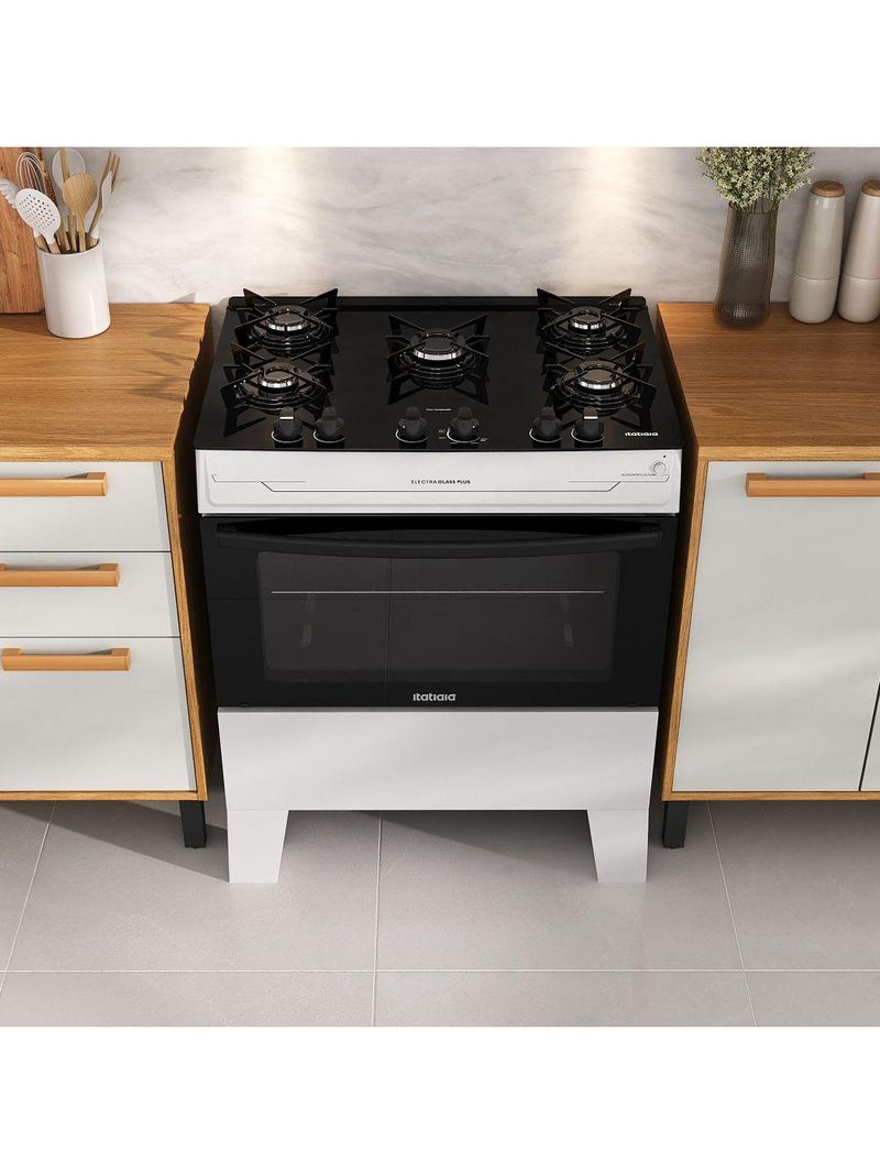 Fogão Itatiaia Electra Glass Pluss Piso 5 Bocas Branco Mesa De Vidro Bivolt (3700000487)