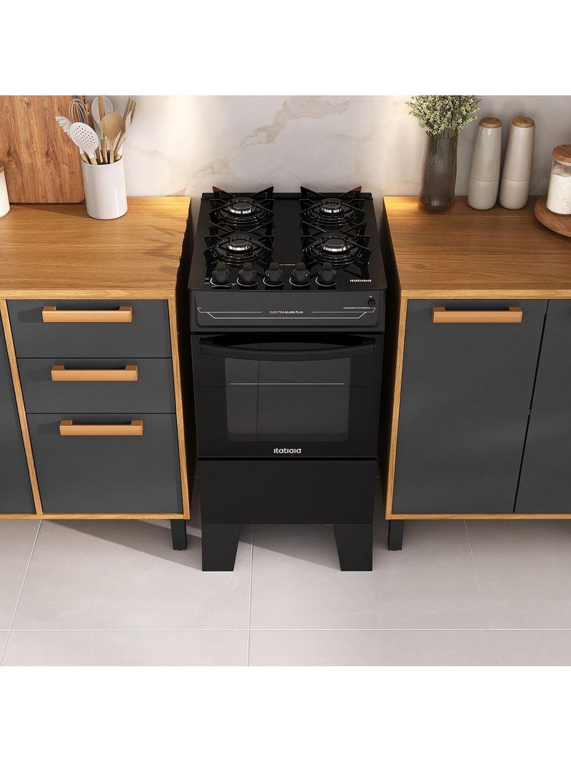 Fogão Itatiaia Electra Glass Pluss Piso 4 Bocas Preto Mesa De Vidro Bivolt (3700000484)