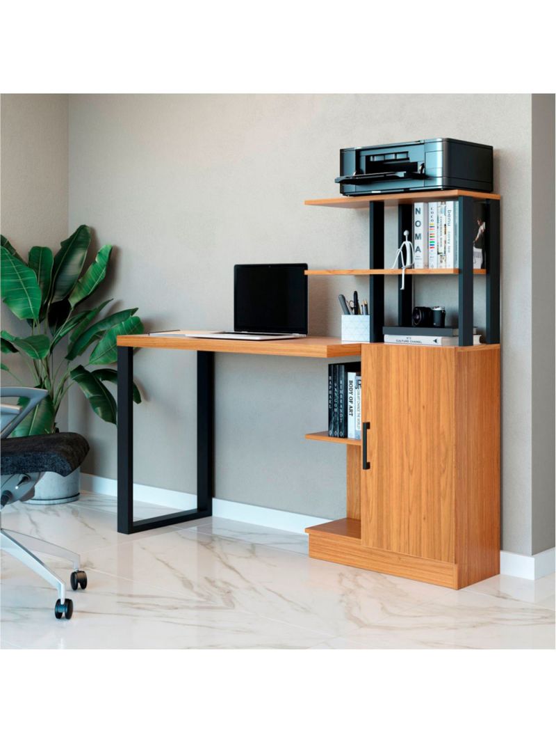 Escrivaninha em MDF 5 Prateleiras 1 Porta 135 cm Freijó/Preto Fosco Pradel Dalla Costa F17