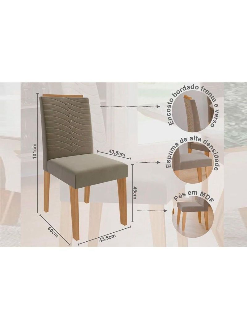 Conjunto Mesa De Cozinha ágata Com Tampo Madeirado Com Vidro 130x80cm E 4 Cadeiras Clarice Madeirado Linho Bege Cimol