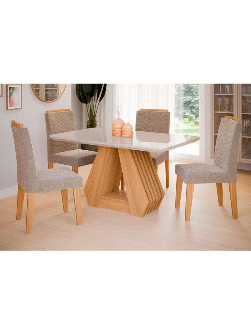 Conjunto Mesa De Cozinha ágata Com Tampo Madeirado Com Vidro 130x80cm E 4 Cadeiras Clarice Madeirado Linho Bege Cimol