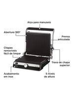 Grill elétrico black+decker g1500g gourmand gris 1500w abertura 180° chapas removíveis antiaderente inox