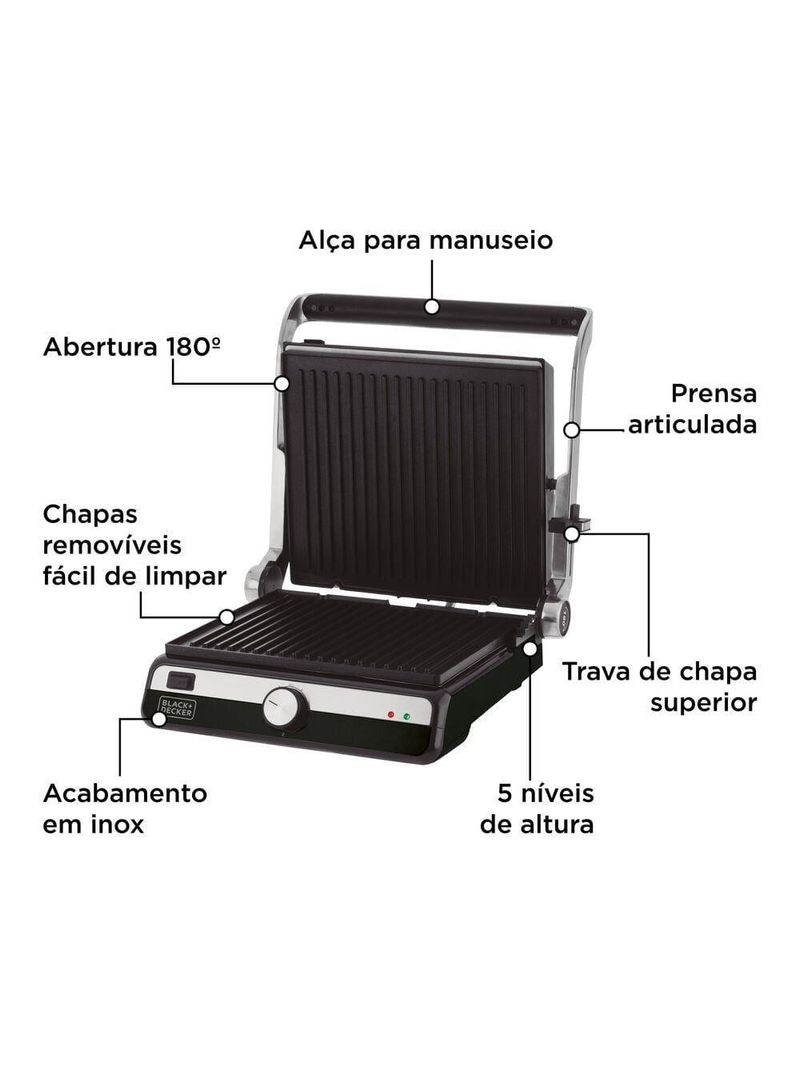 Grill elétrico black+decker g1500g gourmand gris 1500w abertura 180° chapas removíveis antiaderente inox