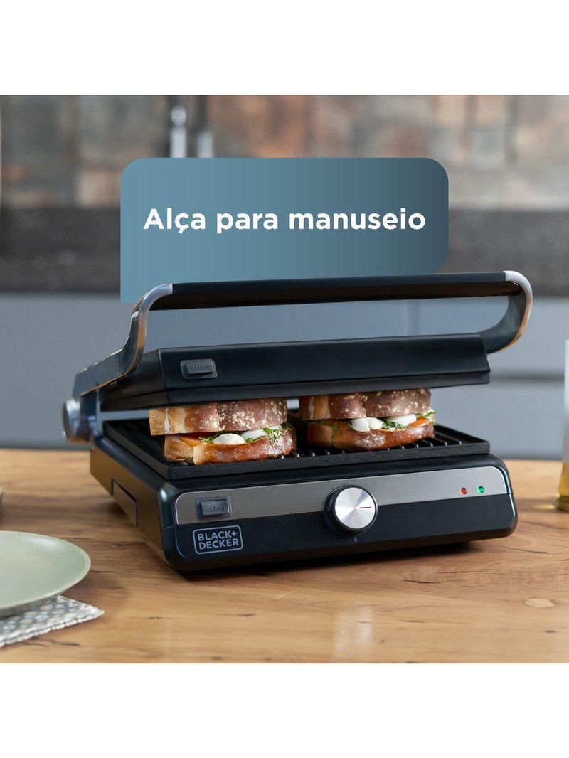 Grill elétrico black+decker g1500g gourmand gris 1500w abertura 180° chapas removíveis antiaderente inox