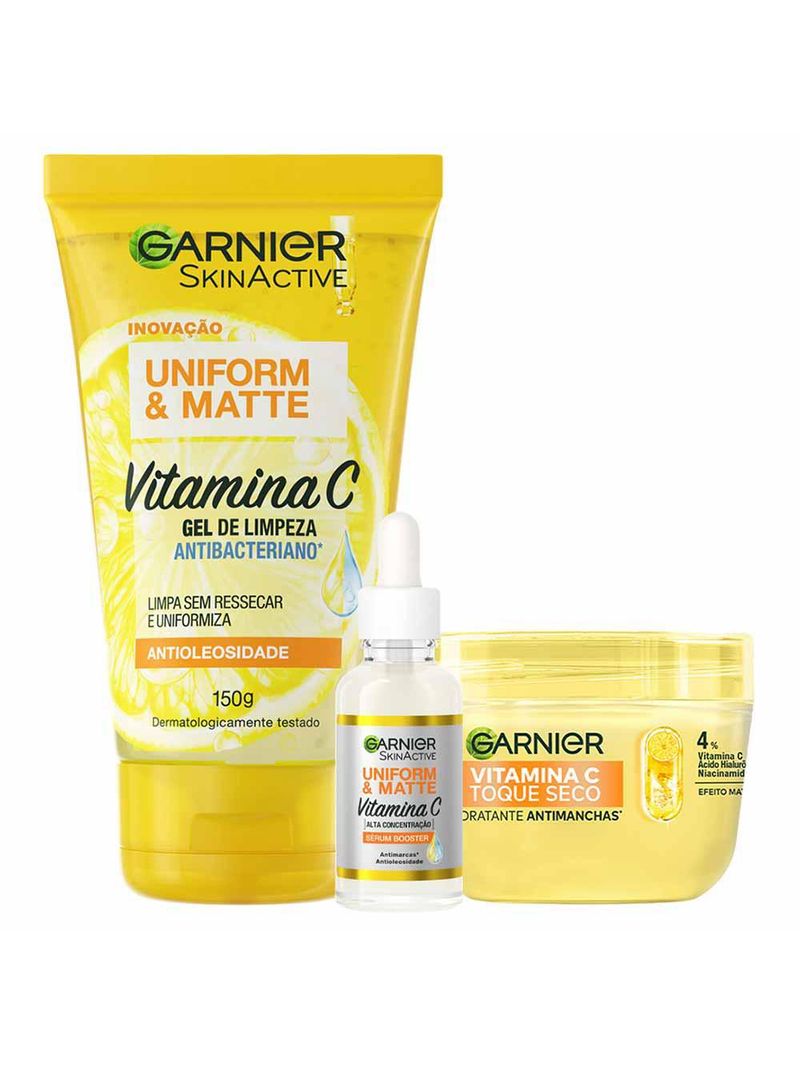 Garnier skin vitamina c kit - hidratante facial antimanchas + sérum + gel de limpeza facial