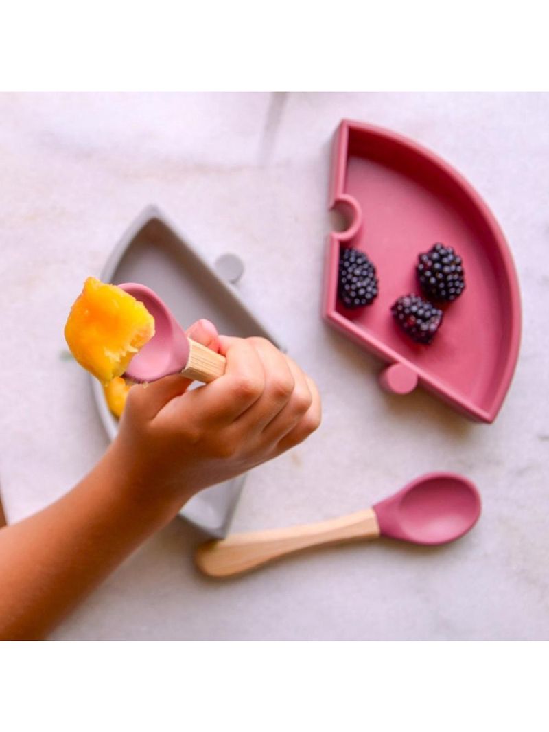Prato infantil de silicone encaixe puzzle velvet rose e cinza - minikoioi