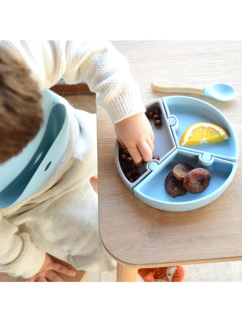 Prato infantil de silicone encaixe puzzle miner blue e cinza - minikoioi