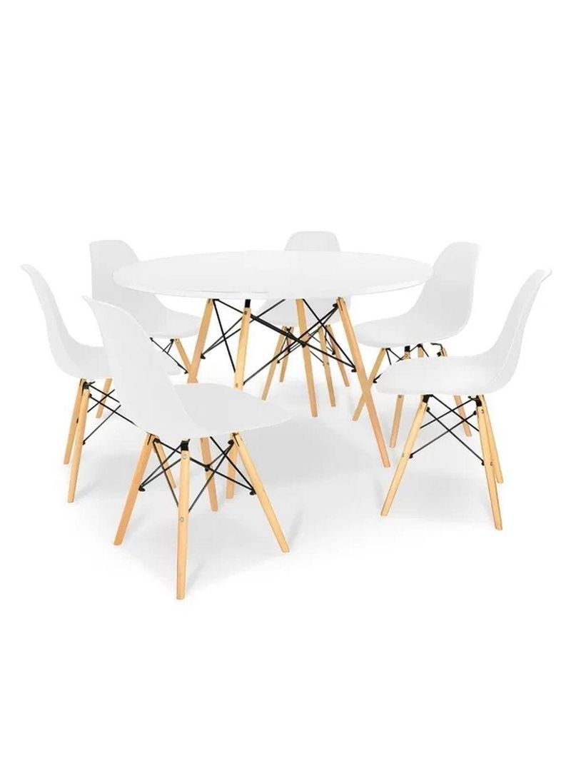 Conjunto De Jantar Mesa Eiffel 120cm Branca + 6 Cadeiras Eiffel Dkr Brancas