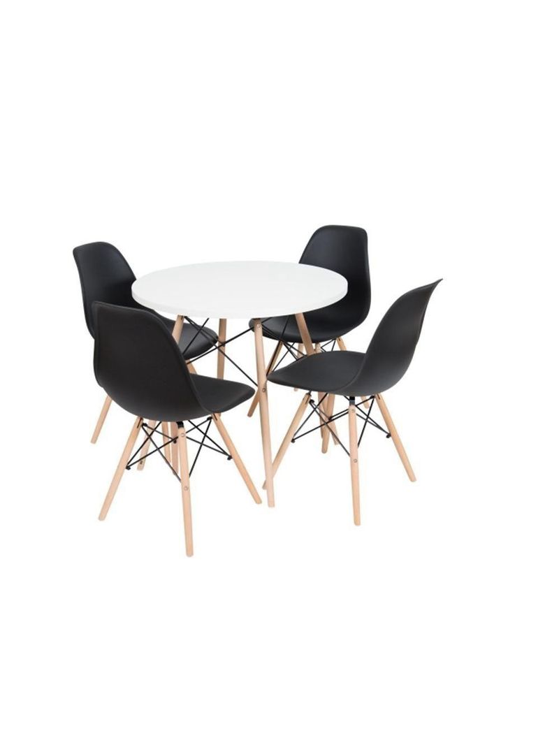 Conjunto De Mesa De Jantar Eames Eiffel Redonda 110cm Tampo De Madeira Branco Com 4 Cadeiras Pretas
