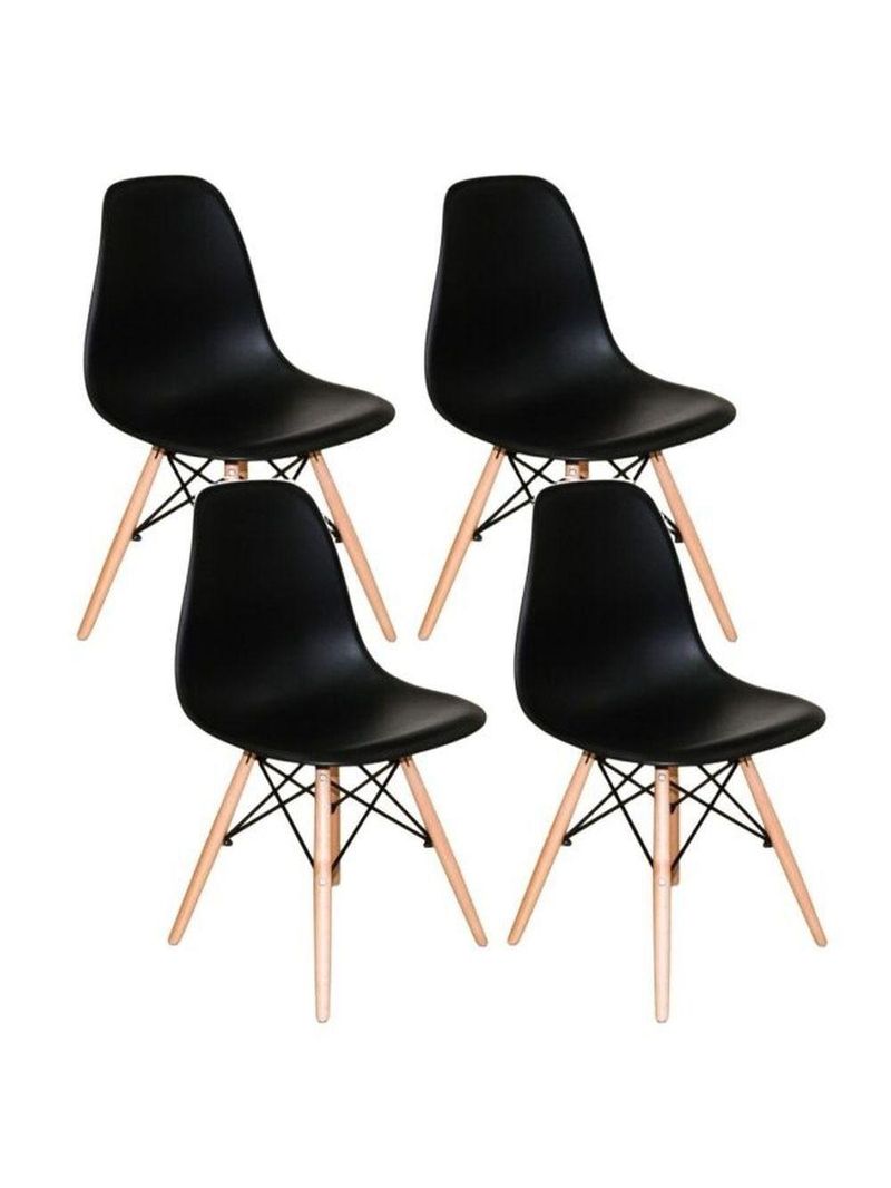 Conjunto De Mesa De Jantar Eames Eiffel Redonda 110cm Tampo De Madeira Branco Com 4 Cadeiras Pretas