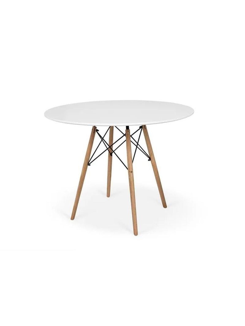 Conjunto De Mesa De Jantar Eames Eiffel Redonda 110cm Tampo De Madeira Branco Com 4 Cadeiras Pretas