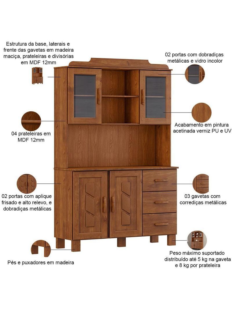 Armário De Cozinha Rústico Com Cristaleira 4 Portas 3 Gavetas Lorie F06 Imbuia - Lyam Decor