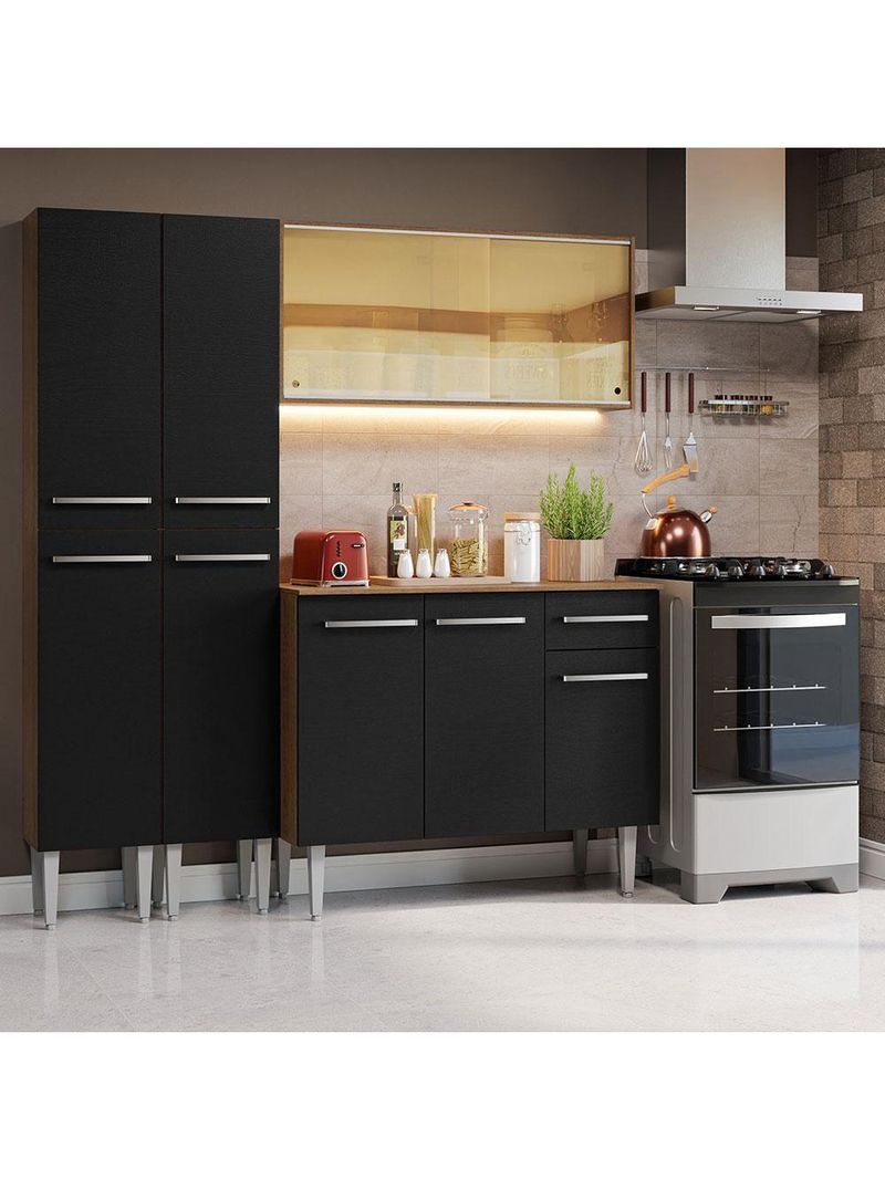 Armário De Cozinha Compacta 169cm Rustic/preto Emilly Madesa 09 Rustic/preto Rustic/preto