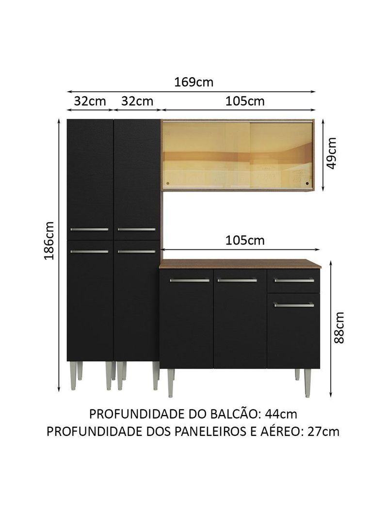 Armário De Cozinha Compacta 169cm Rustic/preto Emilly Madesa 09 Rustic/preto Rustic/preto