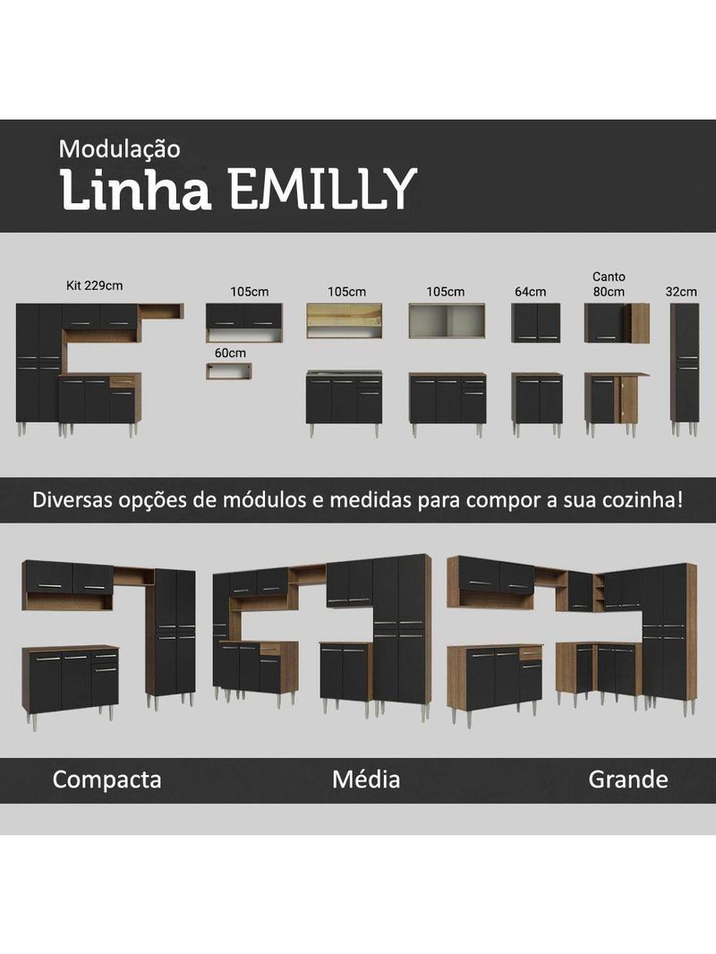 Armário De Cozinha Compacta 169cm Rustic/preto Emilly Madesa 09 Rustic/preto Rustic/preto