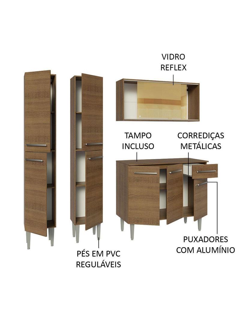 Armário De Cozinha Compacta 169cm Rustic Emilly Madesa 09 Rustic Rustic