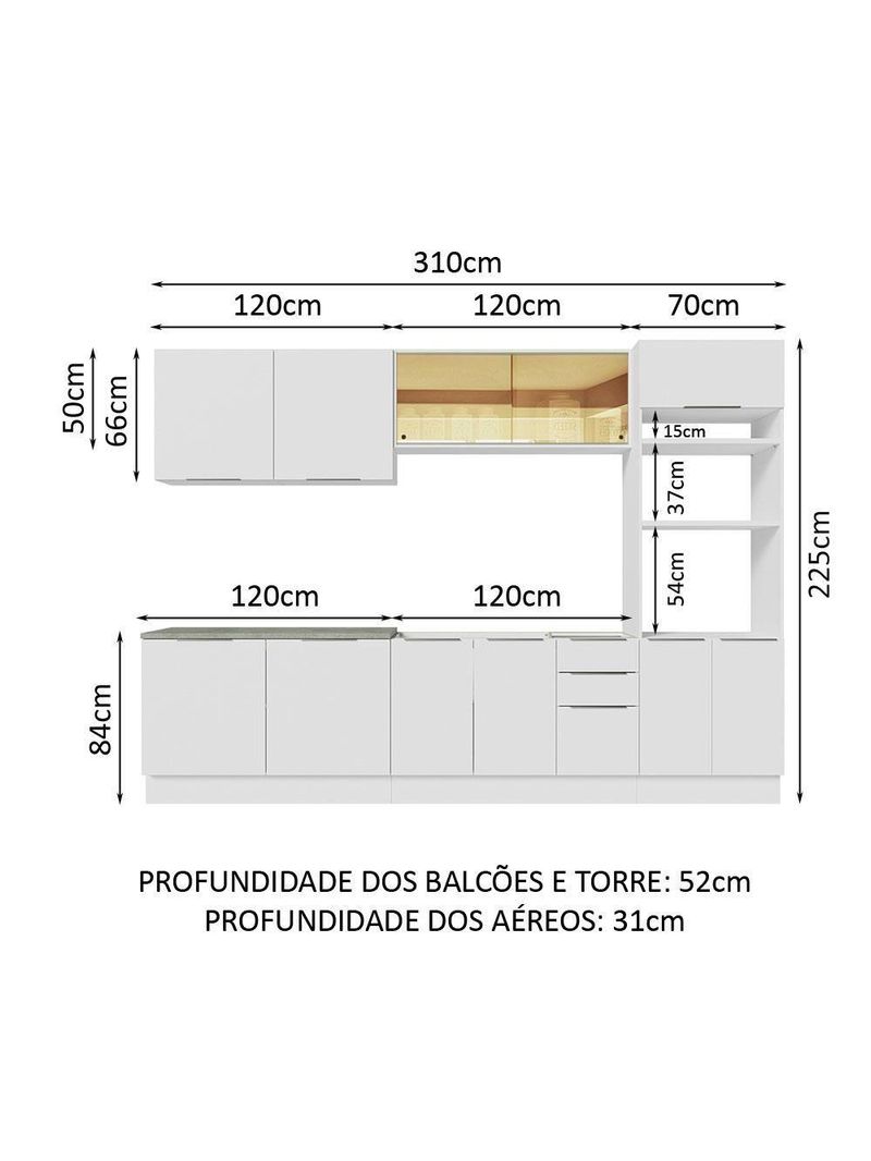 Armário De Cozinha Completa 310cm Stella Madesa 03 Branco