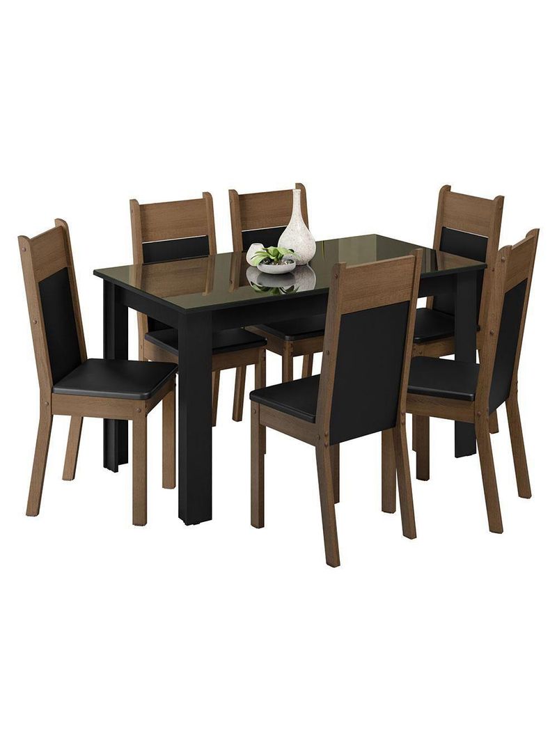 Conjunto Sala De Jantar Mesa Tampo De Vidro 6 Cadeiras Zoe Madesa Preto/rustic