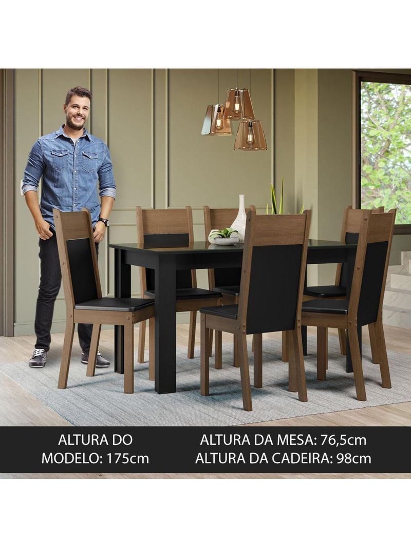 Conjunto Sala De Jantar Mesa Tampo De Vidro 6 Cadeiras Zoe Madesa Preto/rustic