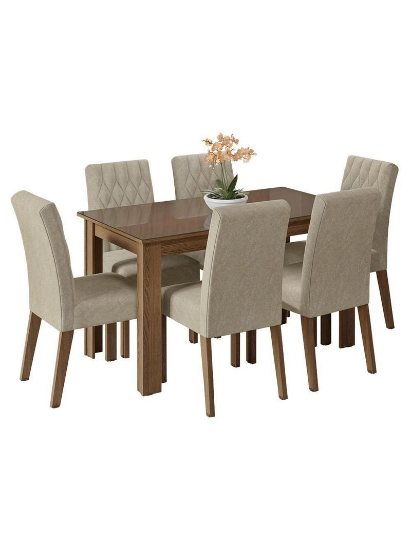 Conjunto Sala De Jantar Mesa Tampo De Vidro 6 Cadeiras Odara Madesa Rustic/imperial