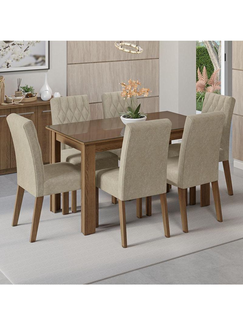 Conjunto Sala De Jantar Mesa Tampo De Vidro 6 Cadeiras Odara Madesa Rustic/imperial