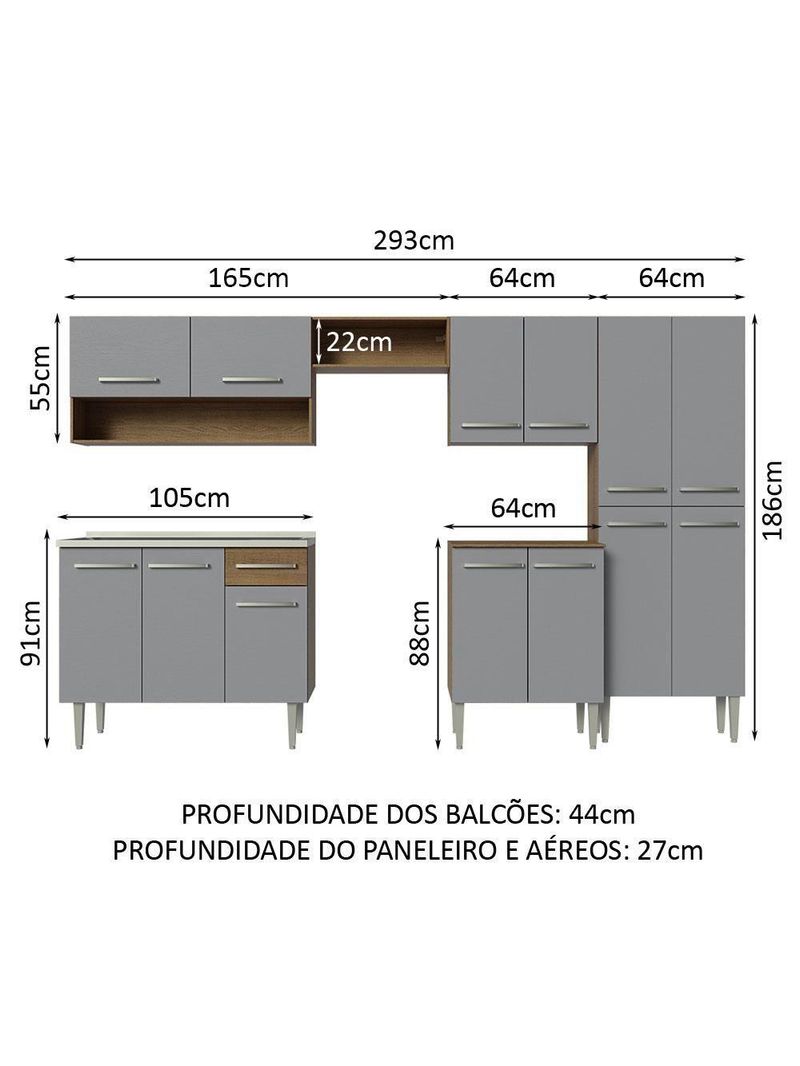 Armário De Cozinha Completa 293cm Com Pia Rustic/cinza Emilly Madesa 09 Rustic/cinza Rustic/cinza