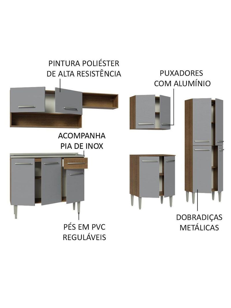 Armário De Cozinha Completa 293cm Com Pia Rustic/cinza Emilly Madesa 09 Rustic/cinza Rustic/cinza