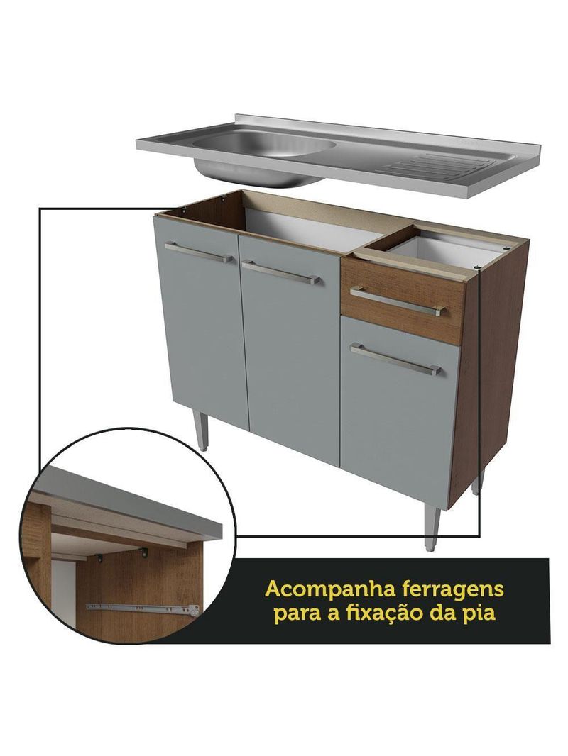 Armário De Cozinha Completa 293cm Com Pia Rustic/cinza Emilly Madesa 09 Rustic/cinza Rustic/cinza