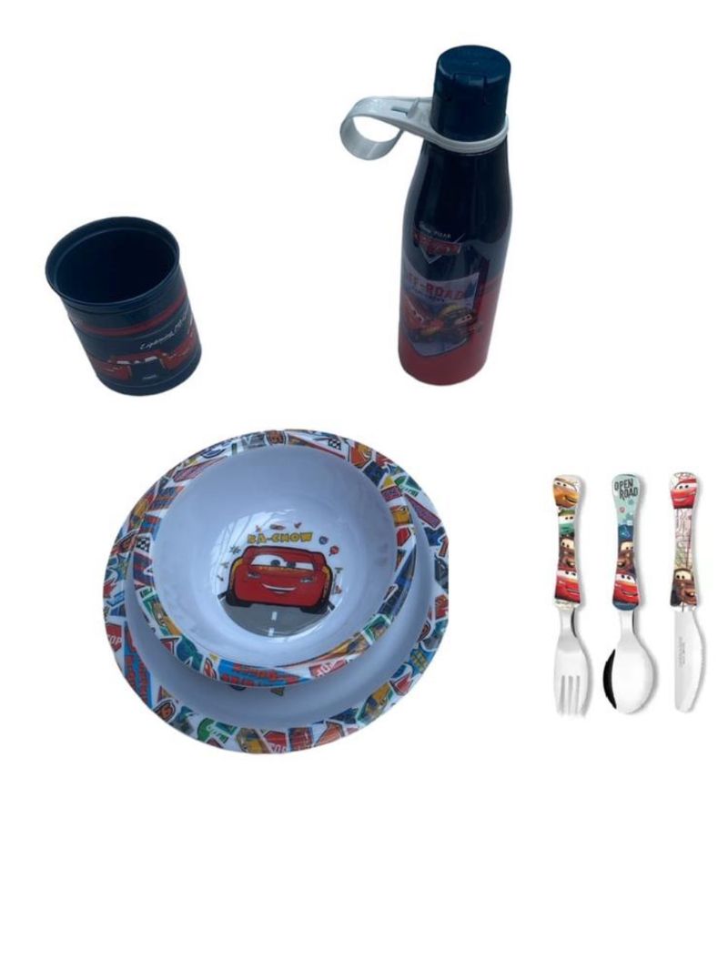 Conjunto carros, pratos,  caneca, garrafa, talheres - nt