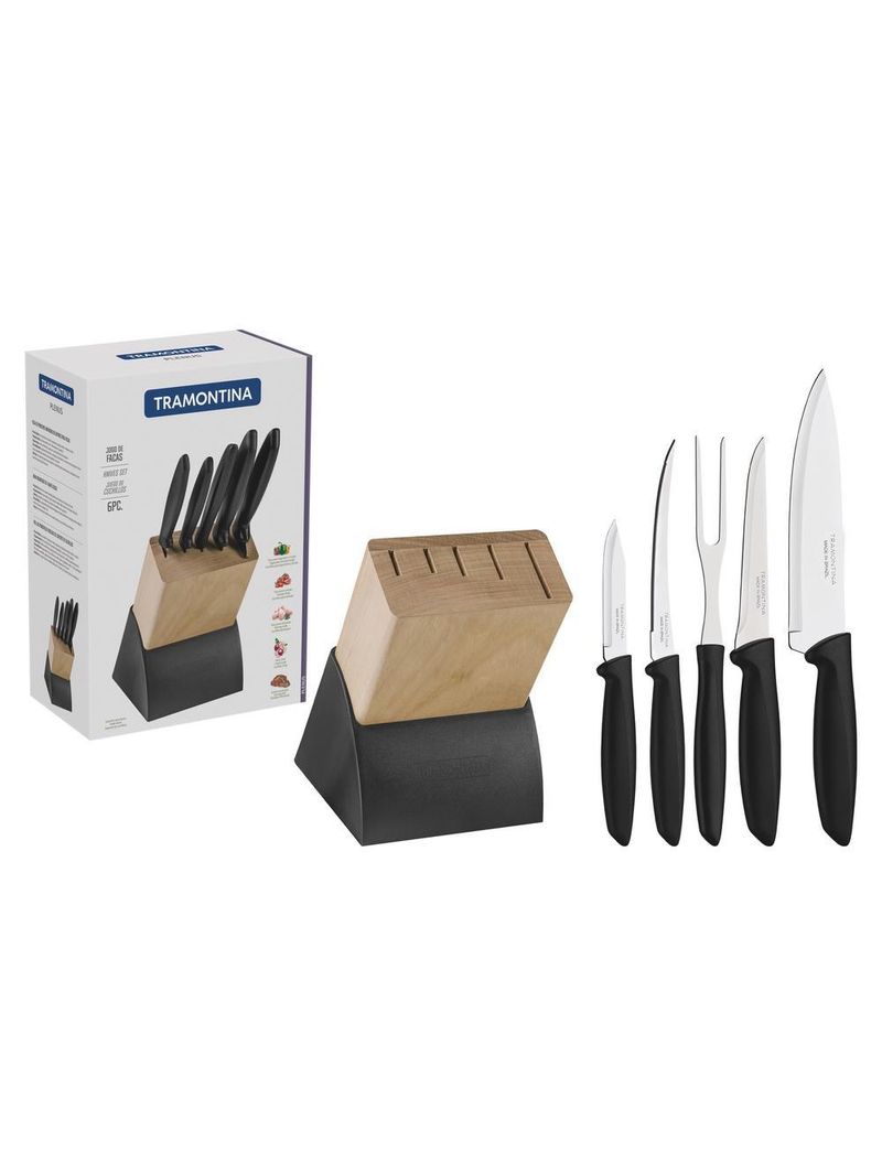 Jogo de facas cozinha gourmet cepo 6 pçs plenus tramontina