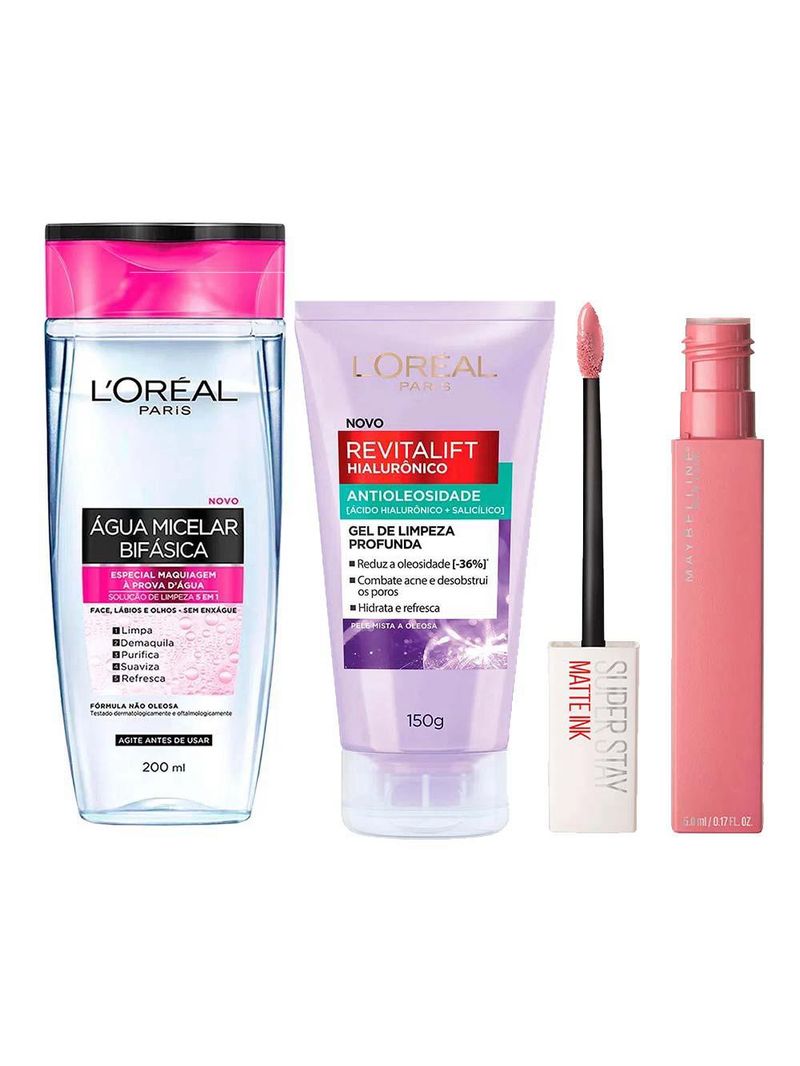 L’oréal paris + maybelline kit - Água micelar bifásica + gel de limpeza antioleosidade + batom líquido longa duração dreamer