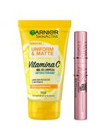 Garnier skin + maybelline kit – gel de limpeza facial uniform & matte vitamina c + máscara de cílios lash sensational sky high