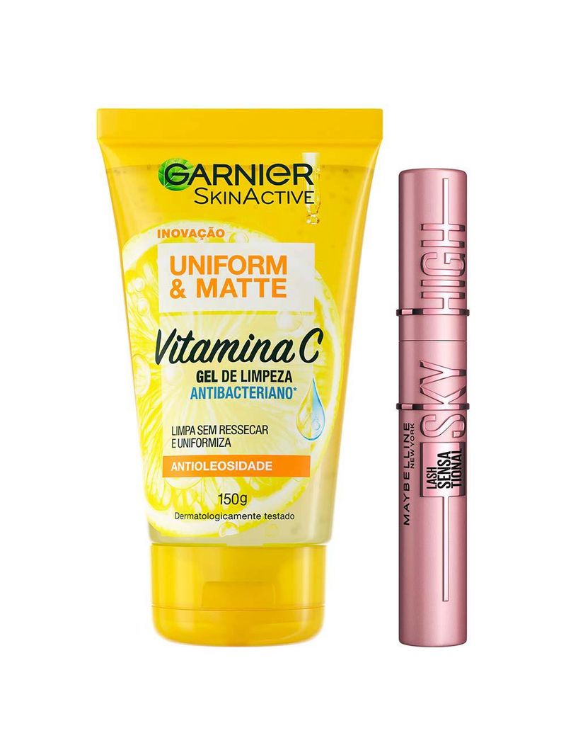 Garnier skin + maybelline kit – gel de limpeza facial uniform & matte vitamina c + máscara de cílios lash sensational sky high