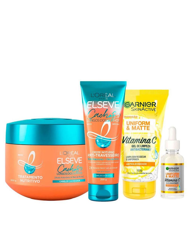 Garnier + elseve cachos kit – gel de limpeza facial + sérum facial + creme noturno + creme de tratamento