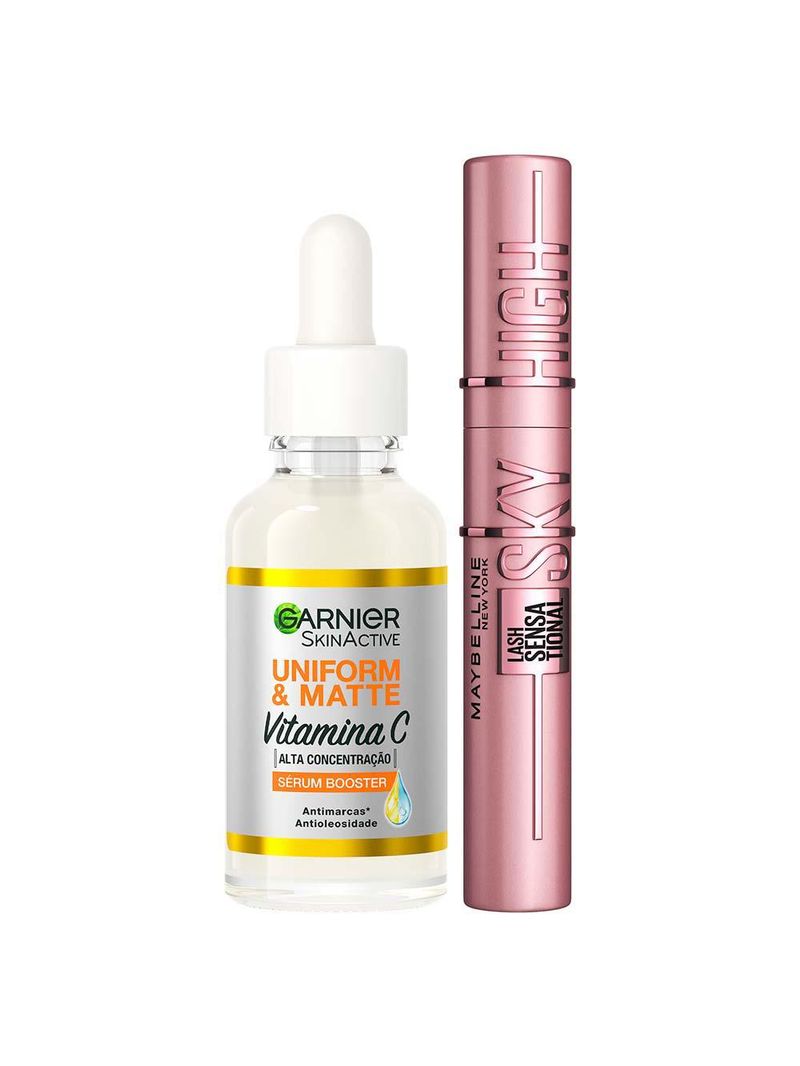Garnier skin + maybelline kit – sérum facial  uniform & matte vitamina c  15ml + máscara de cílios